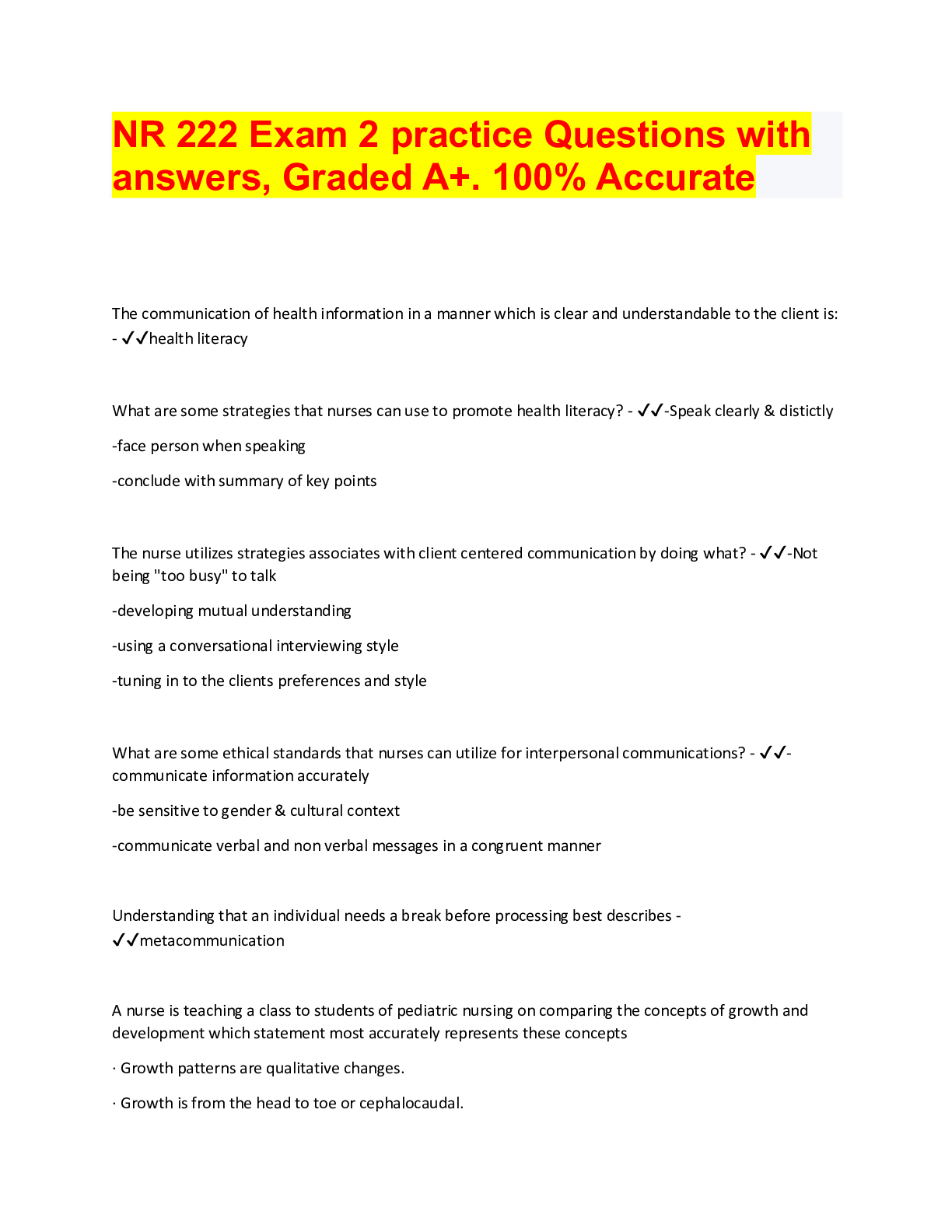 NR 222 exam 1 review questions and Accurate answers, graded A+. 2022.